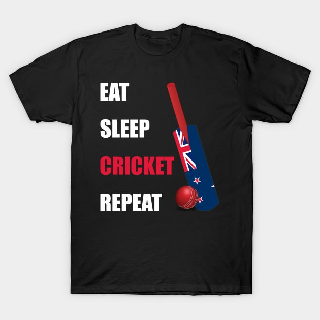 Eat Sleep Cricket Repeat New Zealand Flag Cricket Bat T-Shirt by DPattonPD